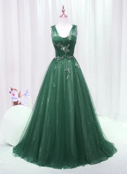 A-line Green Sweetheart Beaded Tulle Prom Dress